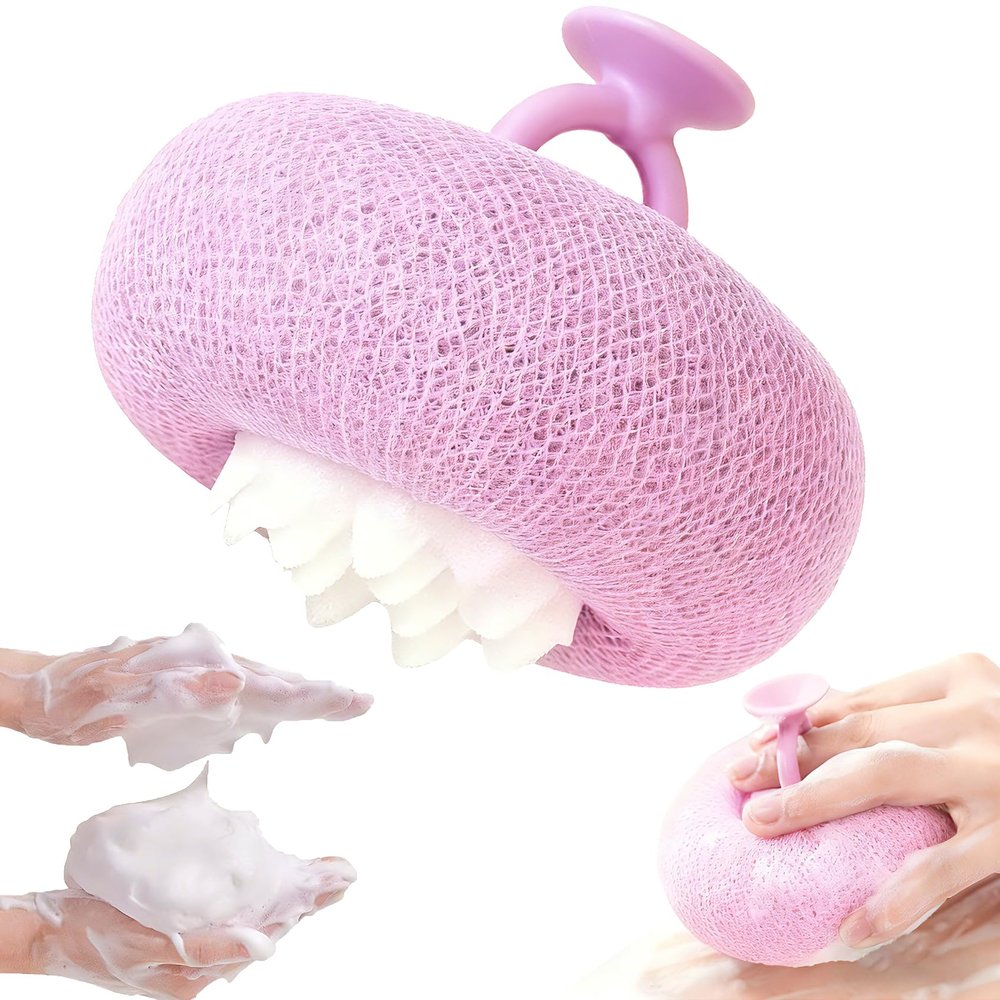 Super Soft Sunflower Suction Cup Bath Ball, Upgraded 2-in-1 Exfoliating Bath Sponge Cleaning Brush, Skin-Friendly Mesh Shower Sponge Pouf for Women Men Adults (Purple)