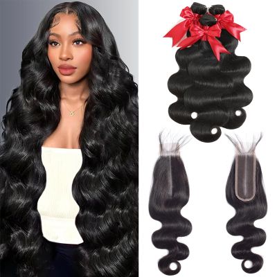 12A Body Wave Bundles with 2x6 Closure Human Hair 26 28 30+20 Inch Brazilian Virgin Body Wave Human Hair Weave 3 Bundles with 2x6 HD Lace Closure