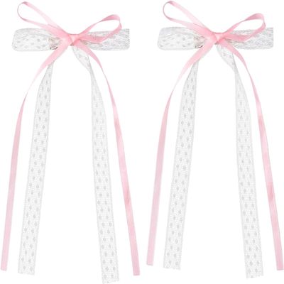 2Pcs Pink Cute Lace Bow Hair Clips, Coquette Snap Barrettes Bowknot Hair Ribbon for Women Girls Christmas Valentines Wedding Prom Decorative Accessories