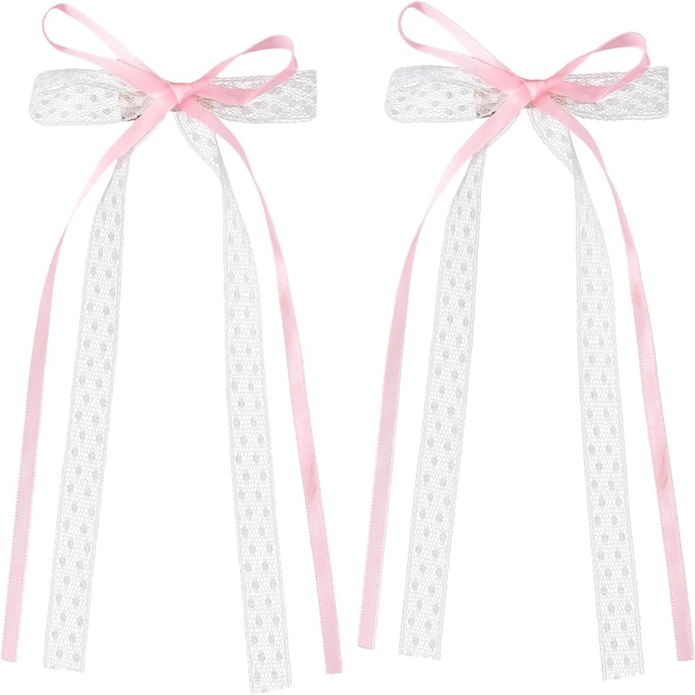 2Pcs Pink Cute Lace Bow Hair Clips, Coquette Snap Barrettes Bowknot Hair Ribbon for Women Girls Christmas Valentines Wedding Prom Decorative Accessories