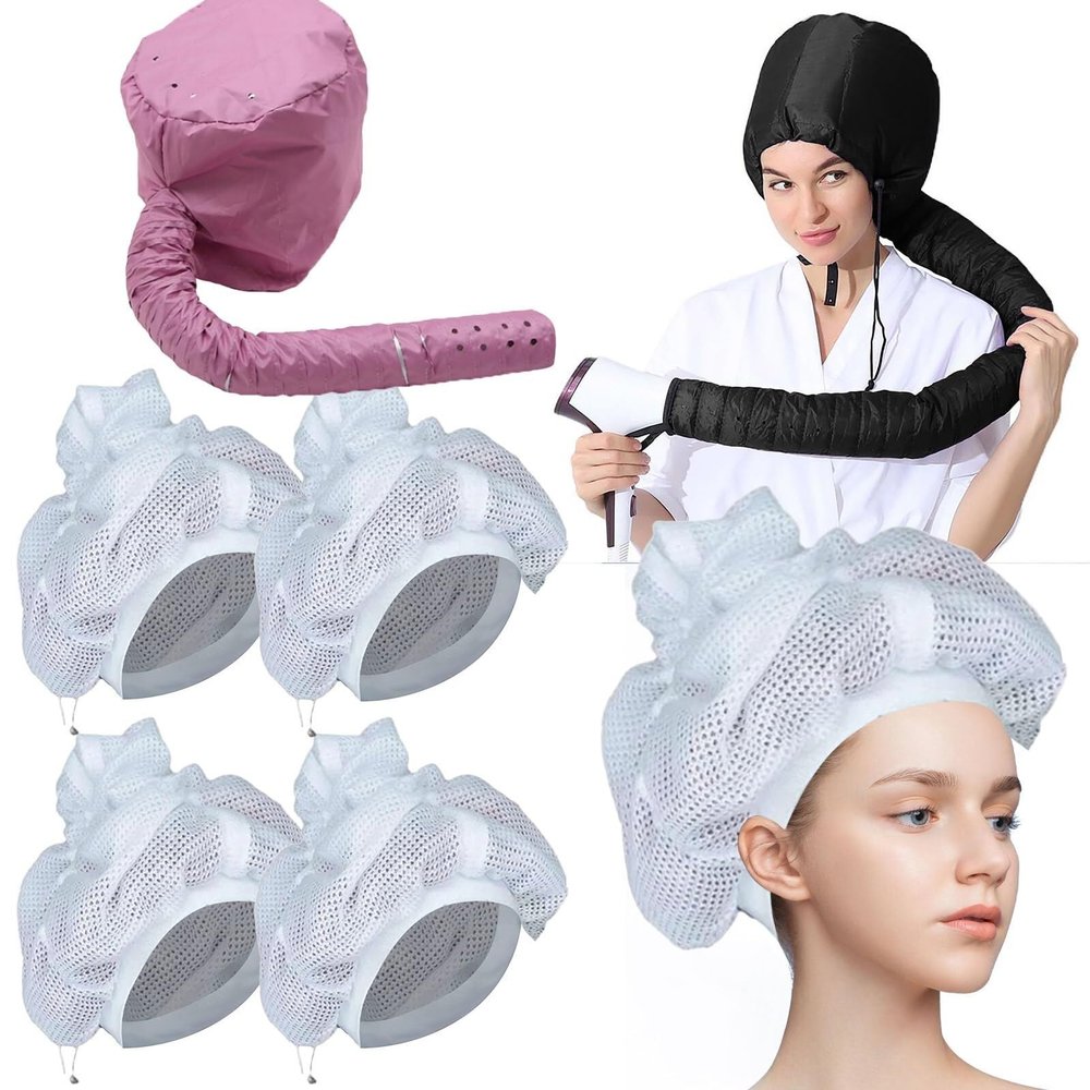 1set Net Plopping Cap for Drying Curly Hair - Upgraded Bonnet with Diffuser for, Adjustable Hoods with Drawstring(Pink+4pcs Net)