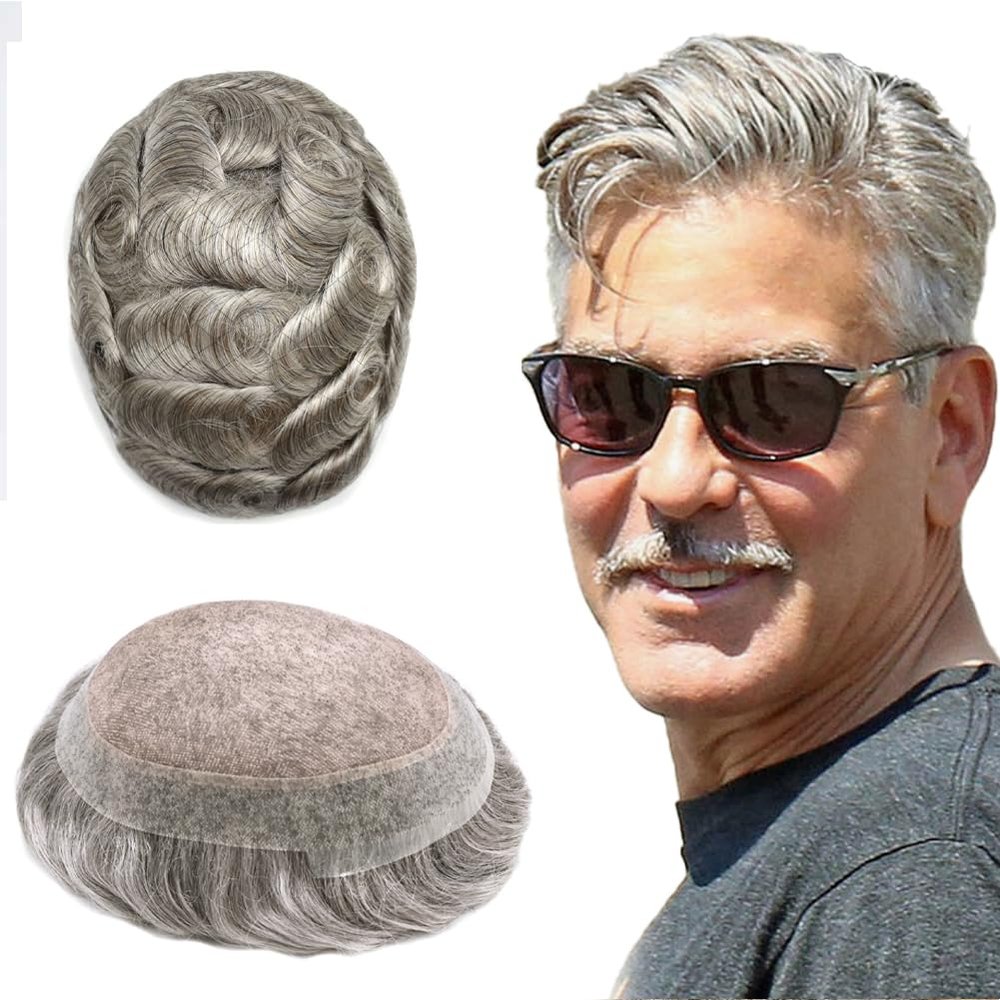 ApexToupees Toupee For Men European Human Hair Piece Men Hair Replacemnt System Fine Mono Mens Toupee Hair Prosthesis Protesis Capilar Hombre7X9 Medium Light Density 380# 3# DARK BROWN+80% GREY