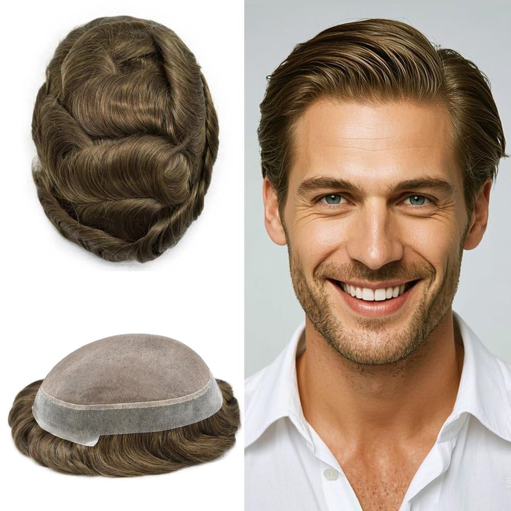 ApexToupees Toupee For Men European Human Hair Piece Men Hair Replacemnt System Fine Mono Mens Toupee Hair Prosthesis Protesis Capilar Hombre8X10-110% Light To Medium Density6# LIGHT BROWN