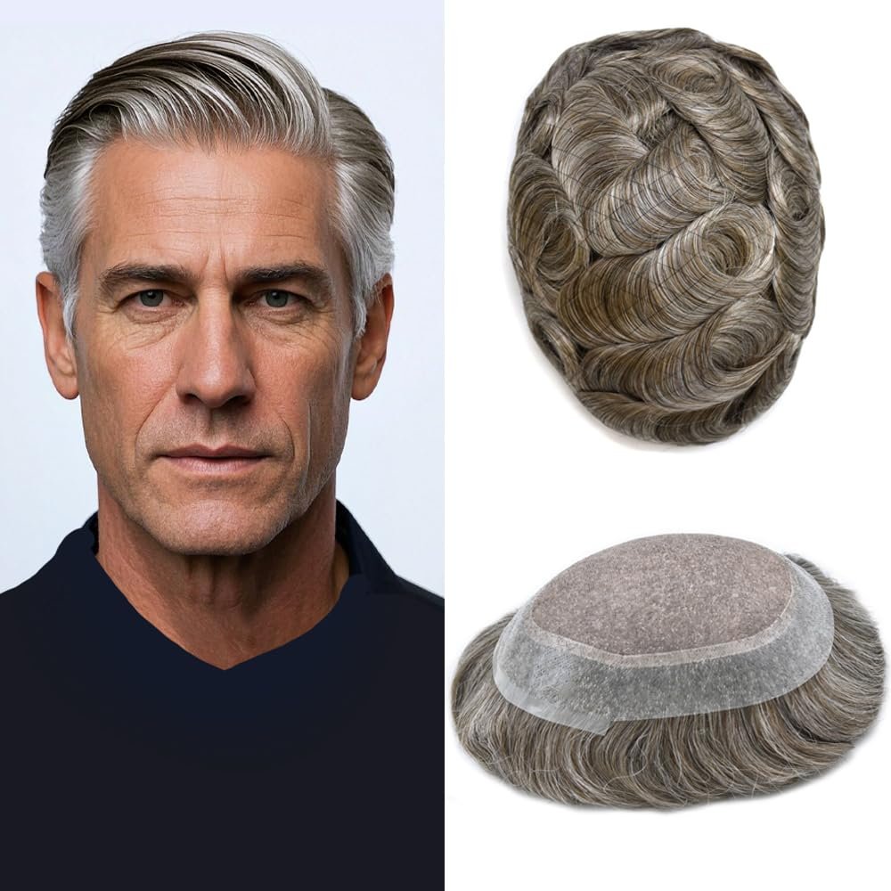 ApexToupees Toupee For Men European Human Hair Piece Men Hair Replacemnt System Fine Mono Mens Toupee Hair Prosthesis Protesis Capilar Hombre7X9 Medium Light Density #560 5# MEDIUM LIGHT BROWN+60%GREY