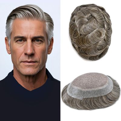 ApexToupees Toupee For Men European Human Hair Piece Men Hair Replacemnt System Fine Mono Mens Toupee Hair Prosthesis 6X9 110% Light To Medium Density440# 4# MEDIUM BROWN+40% GREY
