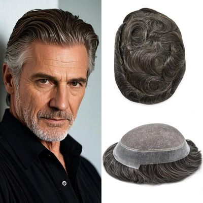 ApexToupees Toupee For Men European Human Hair Piece Men Hair Replacemnt System Fine Mono Mens Toupee Hair Prosthesis Protesis Capilar Hombre7X9"-110% Light To Medium Density340# 3# DARK BROWN+40%GREY