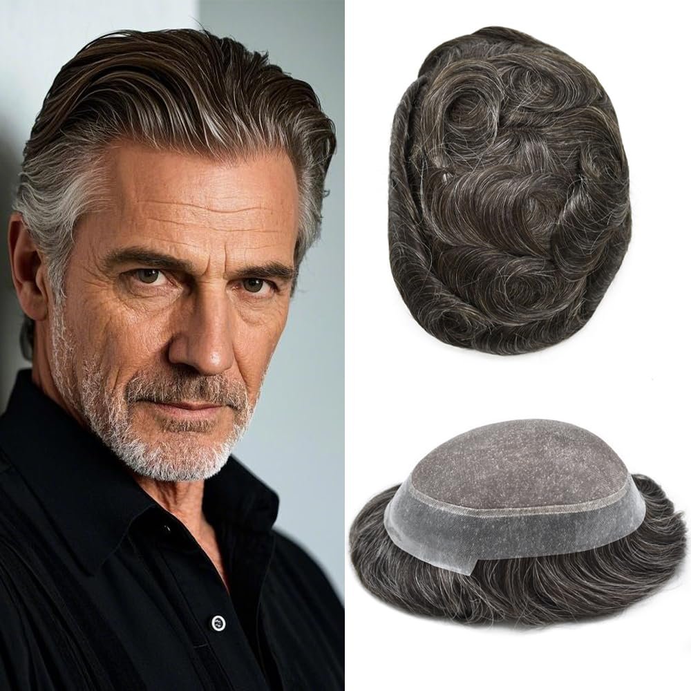 ApexToupees Toupee For Men European Human Hair Piece Men Hair Replacemnt System Fine Mono Mens Toupee Hair Prosthesis Protesis Capilar Hombre7X9"-110% Light To Medium Density340# 3# DARK BROWN+40%GREY
