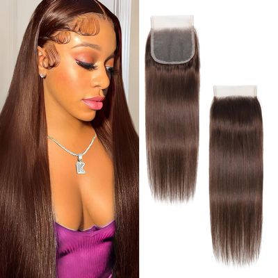 Brown Closure 4x4 Free Part #4 Color Straight Chocolate Brown Closure 100% Human Hair Extensions Pre-plucked Bleached Knots 18 Inch