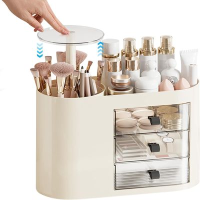 WangChangHong Makeup Storage Organizer with 3 Drawers, Automatic Lifting Brush Holder, Large Capacity Cosmetic Case, Cream Color, for Dressing Table, Bathroom Counter