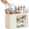 WangChangHong Makeup Storage Organizer with 3 Drawers, Automatic Lifting Brush Holder, Large Capacity Cosmetic Case, Cream Color, for Dressing Table, Bathroom Counter view 1