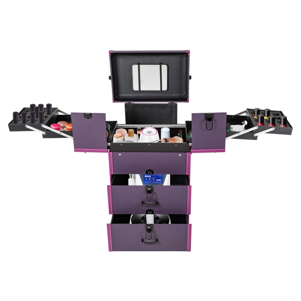 Large Rolling Makeup Case w/Mirror for Professionals,14.57 * 9.45 * 25.98in Rolling Makeup Train Case ,4 Trays & 2 Drawers,Lockable Cosmetic Organizer for Salon,Home, loading 110.23 lbs (purple)
