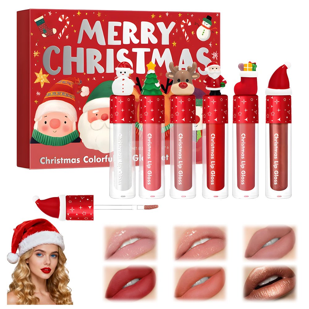 6 Colors Christmas Lip Gloss Set, 3 in 1 Lip Gloss Set Matte Satin Gloss, Waterproof Long Lasting Hydrating Lip Gloss for Women, Lipstick Gift Set for Xmas Stocking Stuffers Makeup Kit (1PCS)