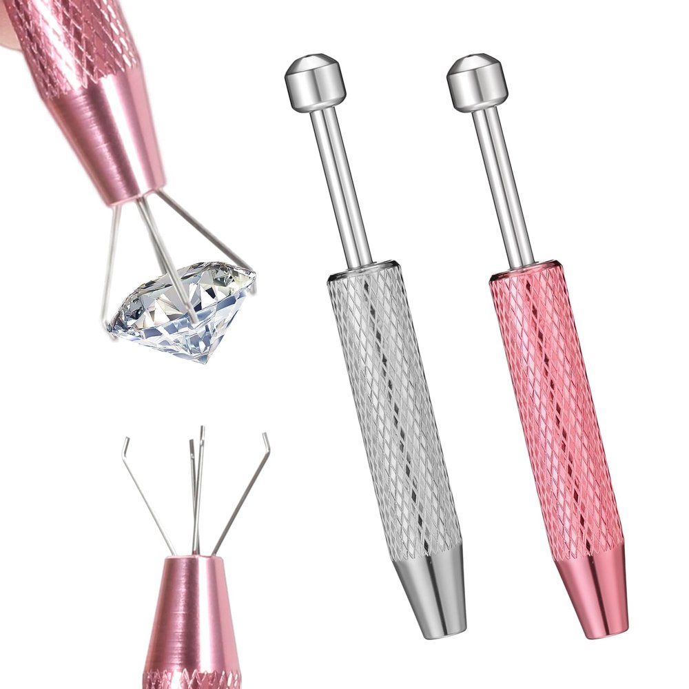 2 Pcs Piercing Ball Grabber Tool, Piercing Changing Tools 4 Claw Diamond Tweezers Stainless Steel Jeweler Pick Up Tool for Ear Nose Lip Tools Electronic Components Tiny Objects Ic Chips (Silver+Pink)