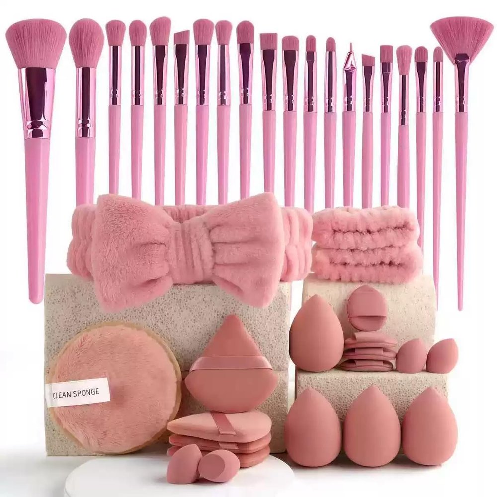 40 PCS Professional Makeup Brush Tools Set, Cosmetic Brush Sponge, Puff, Headband, Brush Cleaning Bow Set, Facial Makeup, Cleaning Accessories, Makeup Products, Valentine Day Item (Purple&Pink-40PCS)