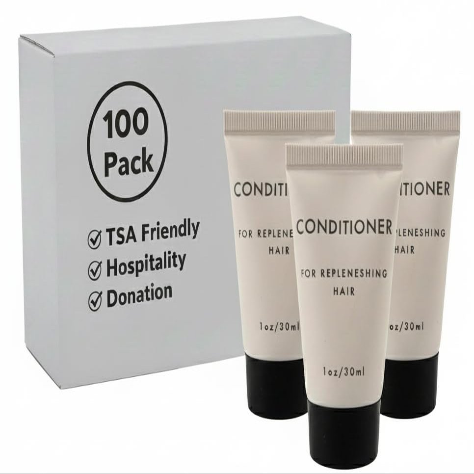 100 pack 1 oz Hair Conditioner Shampoo Travel Size for Hospitality, Hotel, Donation, Charity Drive (Unscented,Bulk 100 bottles 1 ounce each)