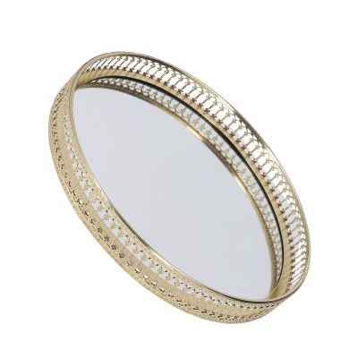 Alomejor Mirror Tray, Round Gold Metal with Geometric Design for Bathroom Vanity Makeup Organization