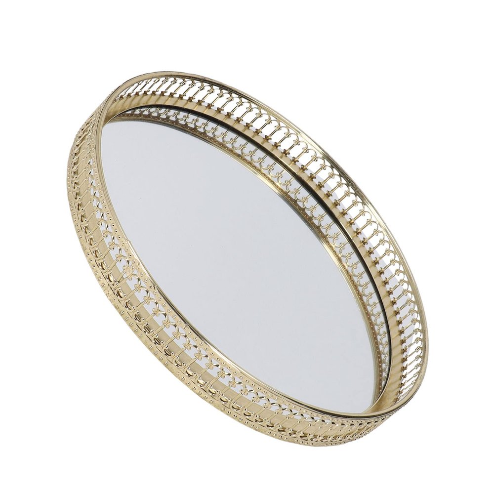 Alomejor Mirror Tray, Round Gold Metal with Geometric Design for Bathroom Vanity Makeup Organization