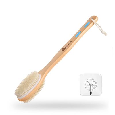 Back Scrubber, 43cm Long Wooden Double-Sided Shower Body Brush with Soft Bristles for Sensitive Skin and Stiff Bristles for Exfoliating Skin