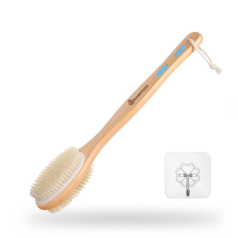 Back Scrubber, 43cm Long Wooden Double-Sided Shower Body Brush with Soft Bristles for Sensitive Skin and Stiff Bristles for Exfoliating Skin