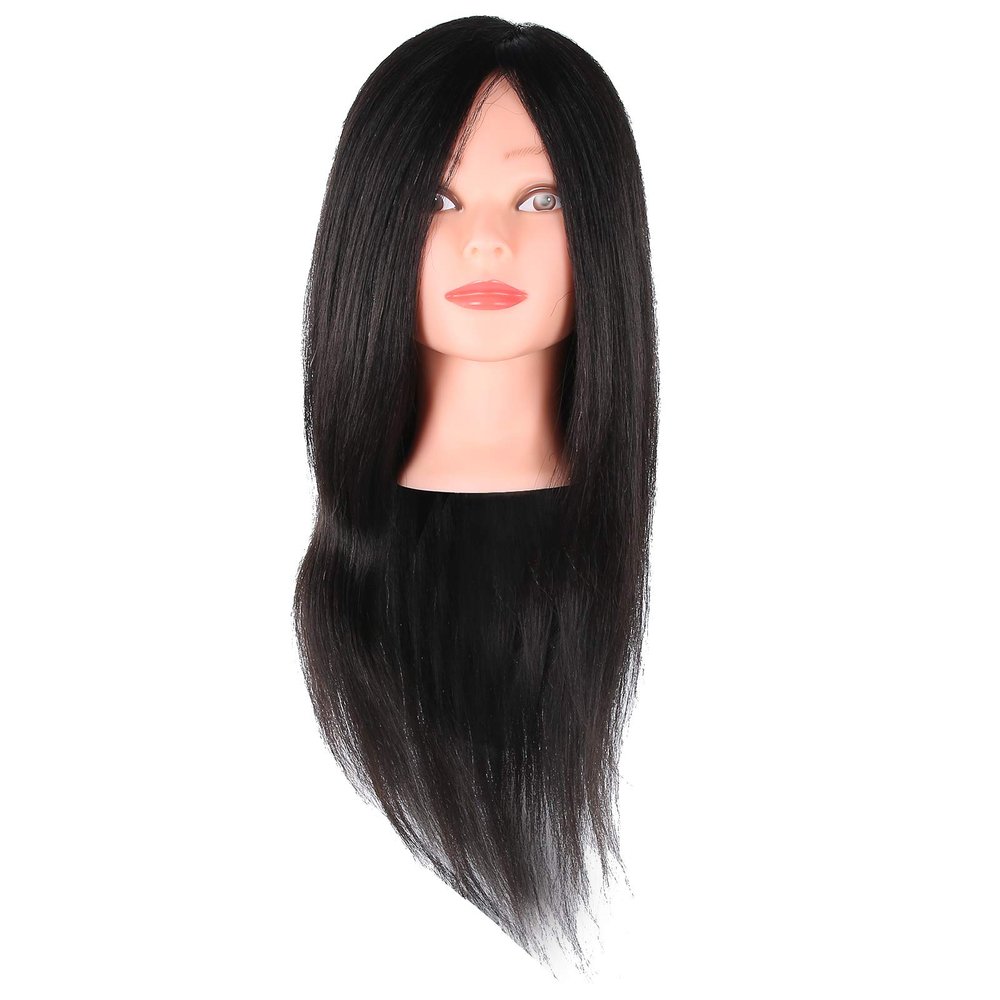 Bognajin Hairdressing Mannequin Head with Human Hair, Cosmetology Head for Practice Styling, 60cm Real Hair Mannequin for Cutting Washing Heat Tools, Includes Stand for Salon School Home Tr (Black)