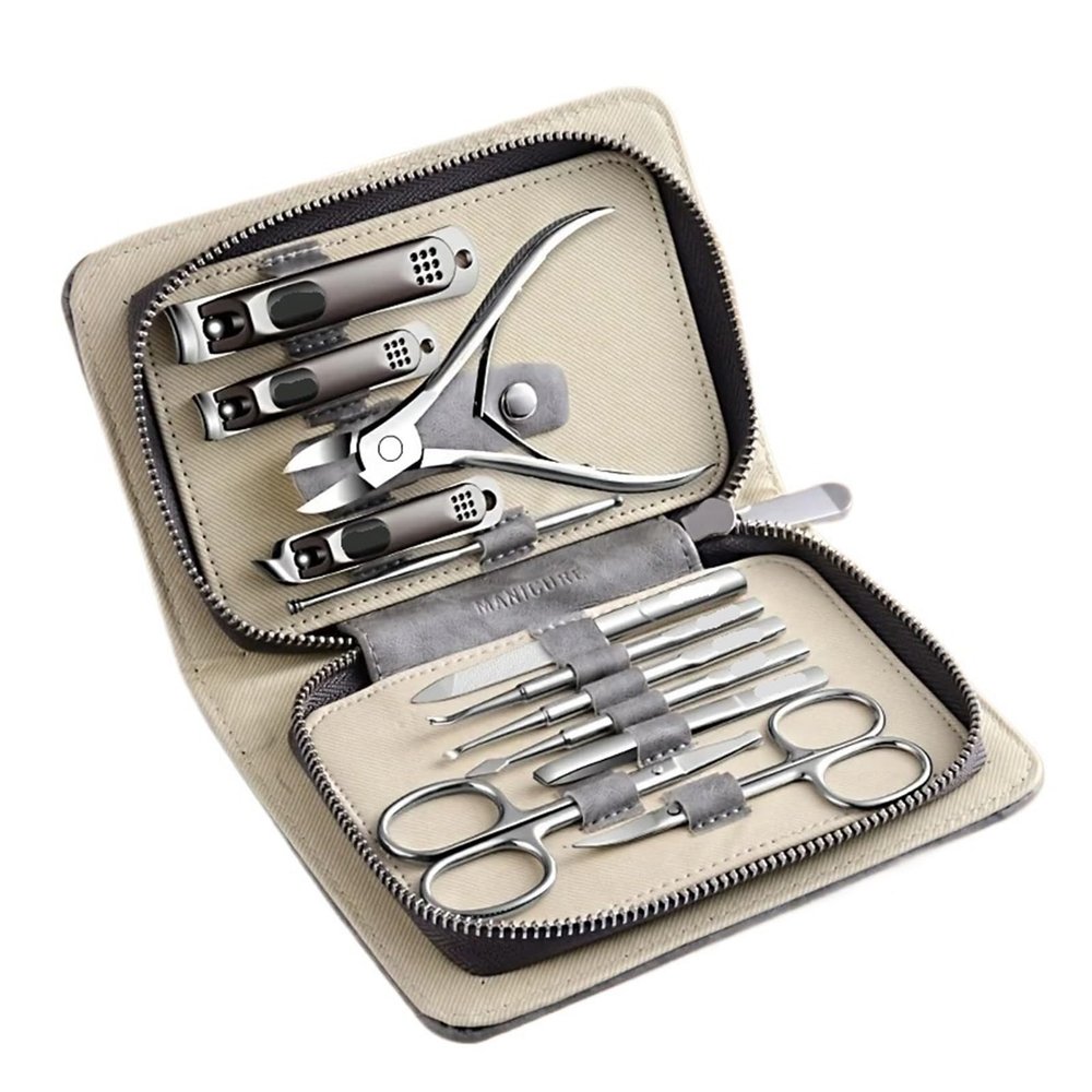 12 Pcs Clipper Kit with Leather Case Includes Clippers Manicure Set(Gray 12 Pcs Set)