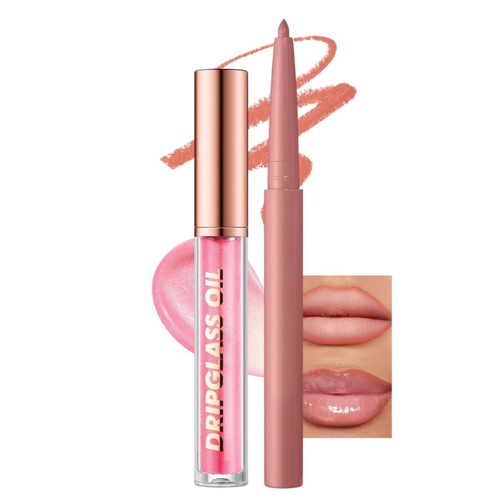 Jutqut Pink Lip Liner and Gloss Lip Kit, Waterproof Long-Lasting Combo Set with Matte Lip Liner Pencil and Non-Sticky Pluming Tinted Gloss, Highly Pigmented Lipliner Set for Women (01 Light Pink)