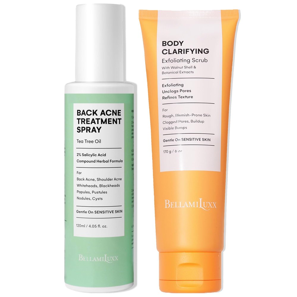 Back Acne Spray + Body Acne Scrub Duo Two-Step Exfoliate & Clarify System for Back Breakouts, Body Bumps & Congested Skin Helps Improve Texture, Redness & Smoothness