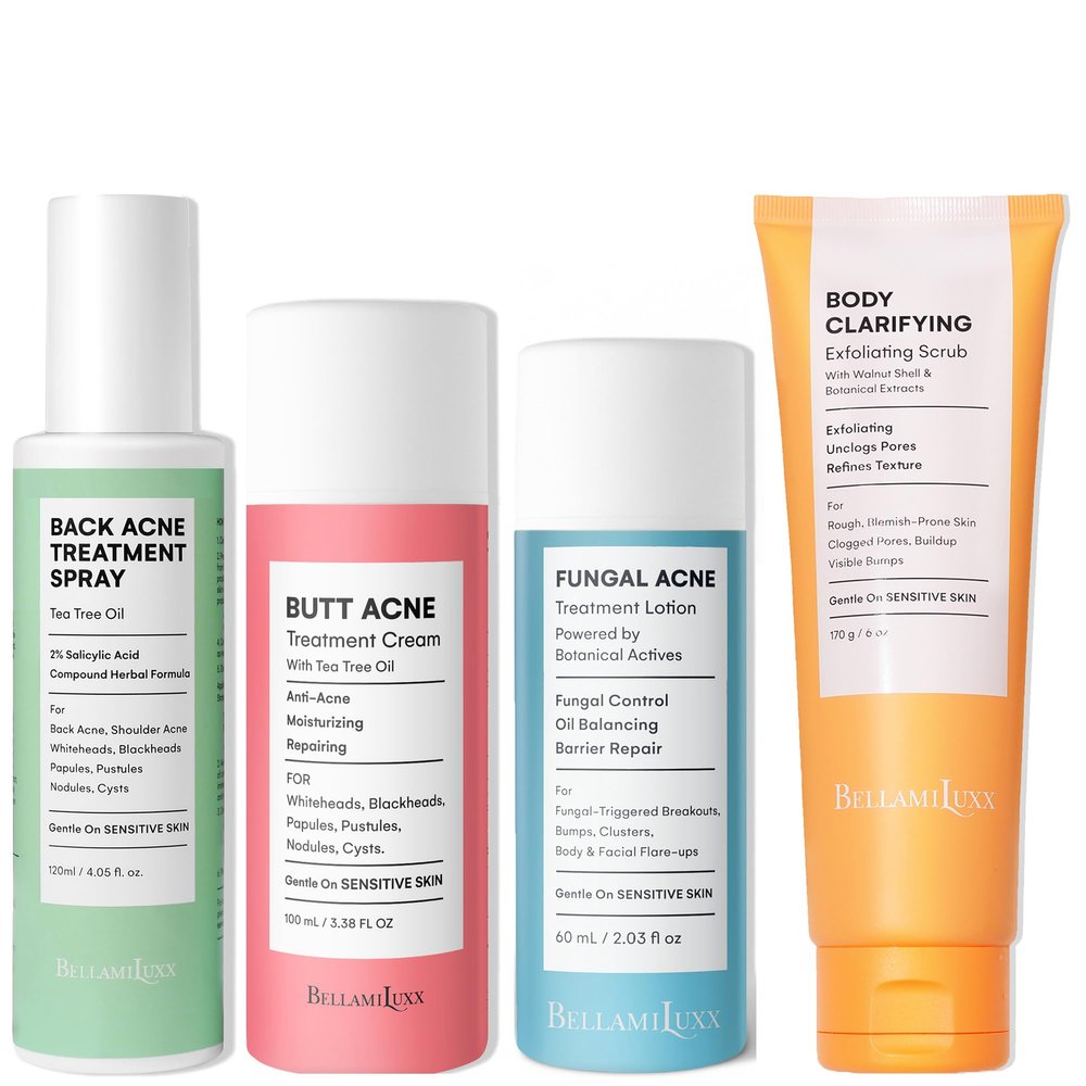 Back Acne Spray + Butt Acne Lotion + Fungal Acne Lotion + Body Acne Scrub  Complete Full-Body Acne System for Breakouts, Bumps, Texture & Congestion  Multi-Type, Multi-Area Care
