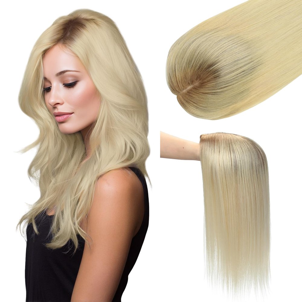 SAFIRENY Hair Toppers for Women Real Human Hair No Bangs 150 Density 16 inch 75 grams 6x7 inch Large Base for Women with Thinning Hair Ash Brown to Platinum Blonde(16inch #860)