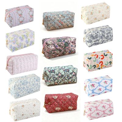 AMAZBEE Makeup Bag Bulk for Purse 14 PCS Quilted Organizer Pencil Bag with Zipper Floral Cosmetic Bags for Travel Separation