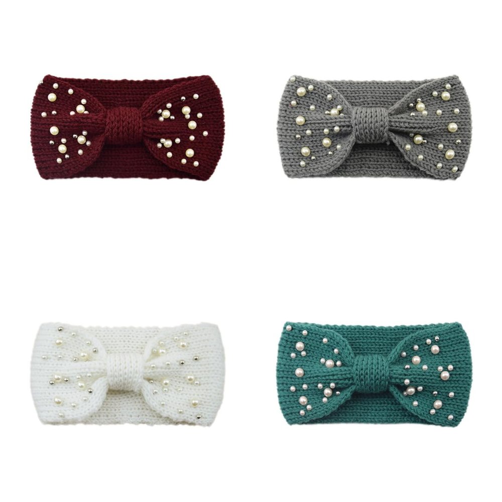 Hhhchpm 4 Pack Fashion Pearl Decorations Bow Headbands Womens Ear Warmers Headbands Winter Warm Fuzzy Head Wrap (4pcs-1)