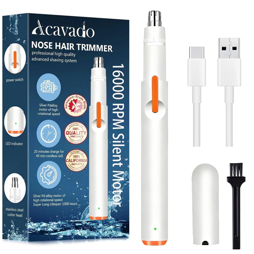 Acavado Nose Hair Trimmer for Men Women, Painless USB Rechargeable Nose Trimmer for Men, Eyebrow & Facial Hair Trimmer Dual Edge Blades for Smoother Cutting with IPX7 Waterproof, White
