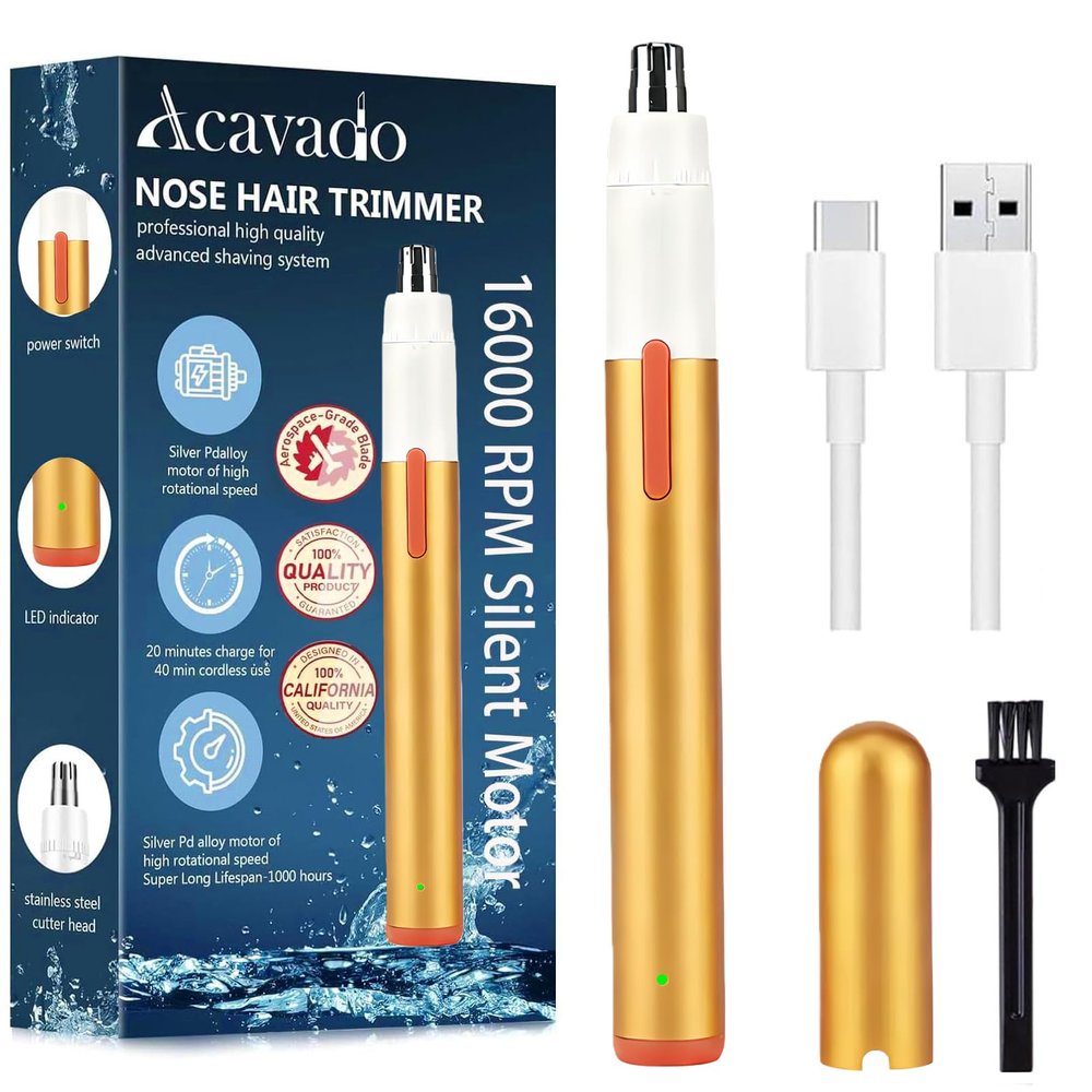 Acavado Nose Hair Trimmer for Men Women, Painless USB Rechargeable Nose Trimmer for Men, Eyebrow & Facial Hair Trimmer Dual Edge Blades for Smoother Cutting with IPX7 Waterproof, Gold