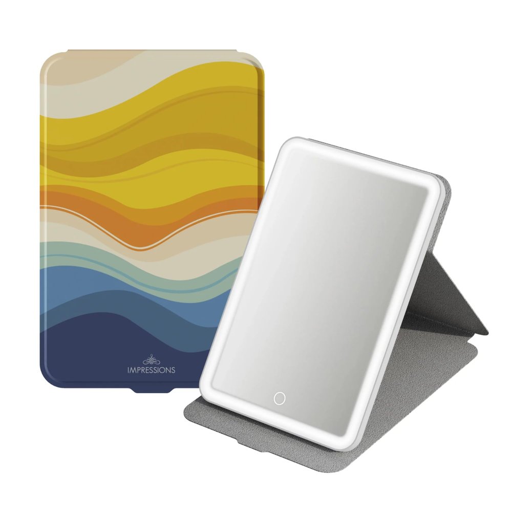 Impressions Vanity Touch Pad Folio LED Makeup Mirror with Tri Tone LED Lighting, Printed Flip Cover Portable Compact Mirror with Soft Touch Sensor, Dimming Function Pocket Mirror for Women (Waves)