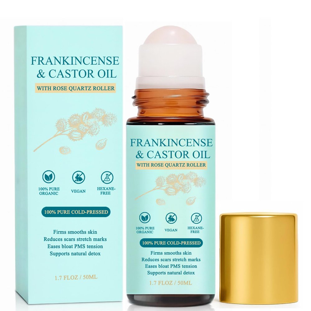 Frankincense and Castor Oil Rose Quartz Roller  Organic Cold-Pressed Castor Oil Roll-On with Removable Rose Quartz | Firms Smooths Skin, Brightens Eyes, Reduces Scars Stretch Marks 1.7FLOZ