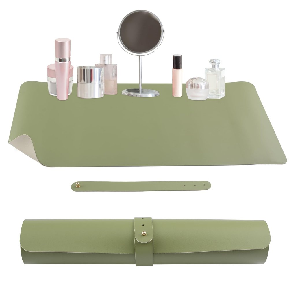 INCREWAY Dresser Protector Mat Makeup Pad Leather Material Waterproof and Oil-Proof Double-Sided Non-Slip Table Protector Craft and Nail Art Table Mat Office Writing Board (White-Green)