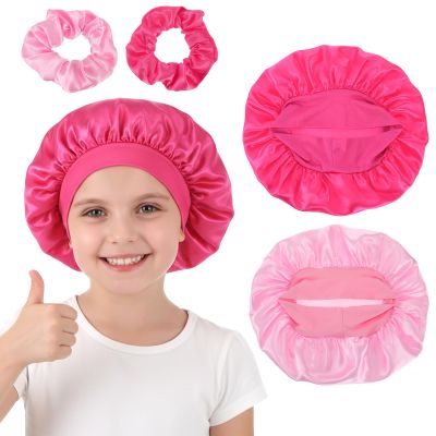 Satin Bonnets for Baby, Kids Bonnets for Girls, Satin Silk Hair Bonnet for Sleeping, 2 Pcs Silk Sleep Cap and 2 Pcs Soft Pink Hairs Tie for Curly Hair Braids for Teens Child Toddler