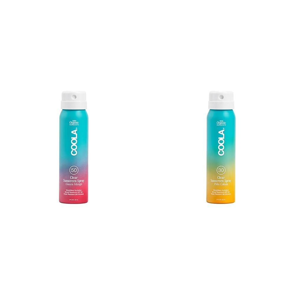 COOLA Organic Sunscreen Spray Bundle - SPF 50 Guava Mango & SPF 30 Pia Colada, Travel Size 2 Fl Oz Each, Dermatologist Tested Vegan Sunblock