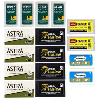 ABS American Beauty Supply Double Edge Safety Razor Blades Sampler Pack for Men-Includes 4 Top Global Brands: Feather Astra Personna Derby-Comfortable Shaving Fits All Double Edge Safety Razors (100)