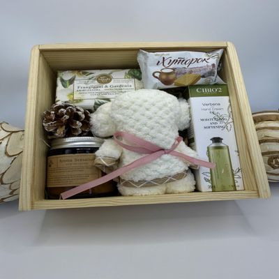 Comfort Collection Spa Gift Box Set with Plush Bear, Verbena Hand Cream, Aromatherapy Candle, Natural Soap, Wooden Box, Best Wishes Card for Self-Care and Relaxation
