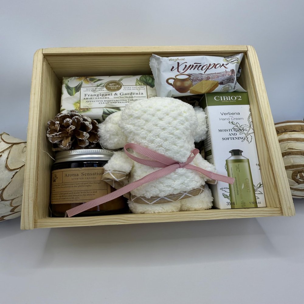 Comfort Collection Spa Gift Box Set with Plush Bear, Verbena Hand Cream, Aromatherapy Candle, Natural Soap, Wooden Box, Best Wishes Card for Self-Care and Relaxation
