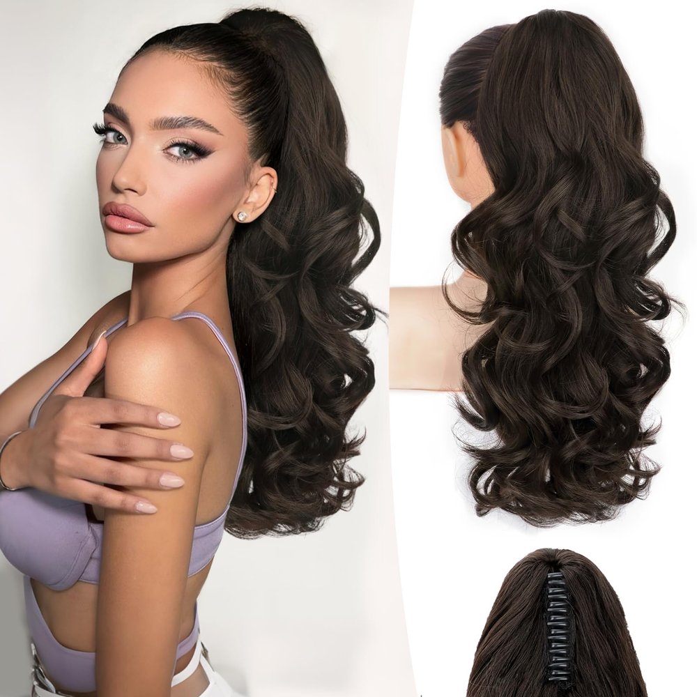 ALXNAN Curly Wavy Claw Clip Ponytail Extension,18" Dark Brown