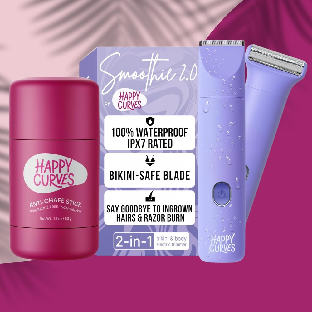 HAPPY CURVES Smoothie 2.0 Bikini & Body Trimmer + Anti-Chafe Stick Waterproof Rechargeable Bikini Groomer with Adjustable Guards + Friction Defense Balm for Thighs, Underarms & Intimate Areas
