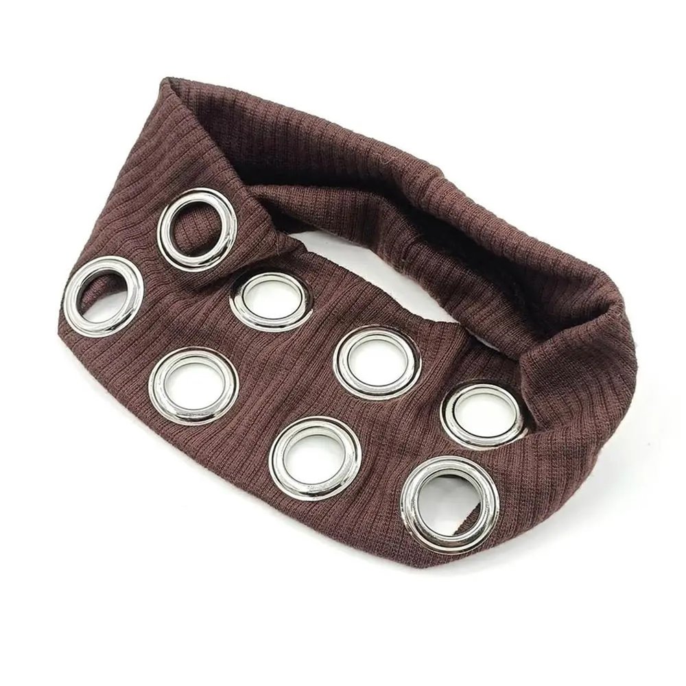 Alianm Grommet Headband For Women 2Pcs Trendy Punk Hollowed Out Eyelets Headband Harajuku Y2K Girls Wide Elastic Hair Band Hair Accessory(Coffee)