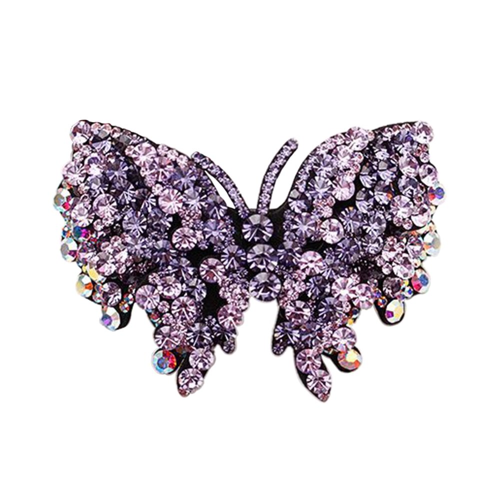 Rhinestone Hair Clips Claw ClipCrystal Butterfly Hair Clip, Three-Tier Design with Czech Drill Rhinestones, Purple, 4.72 x 2.76 Inch, Detachable Leather Backing