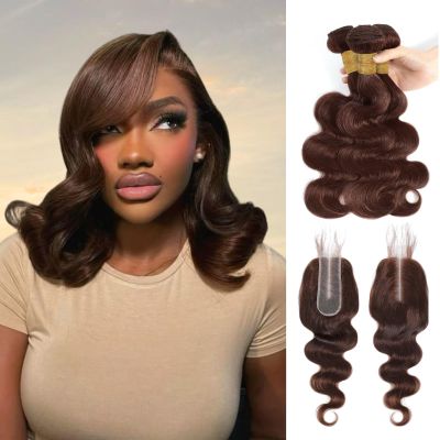 #4 Brown Body Wave 3 Bundles & 2x6 HD Lace Closure Human Hair 14 16 18+14