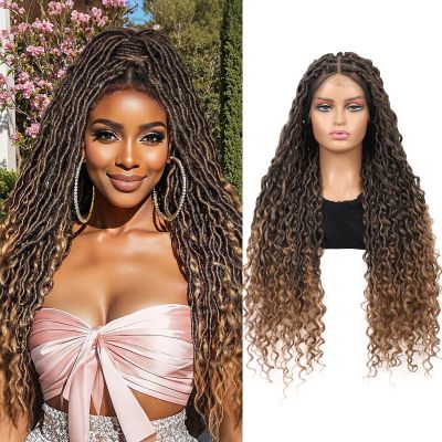 Olymei Faux Locs Braided Wigs Knotless Locs Braid Wig for Women Braided Lace Front Wig Locs Braided Wig with Baby Hair Full Double Lace Front Braided Wigs with Boho Curls Ends 30" Light Brown