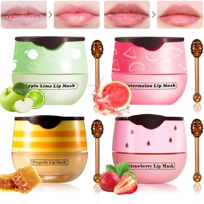 4 PCS Honey Lip Balm Pot, Honey & Strawberry & Watermelon & Apple Lime Lip Mask, Reduces Lines, Hydrate & Moisturizing Skin Care, Prevention Dry Cracked Lips Repair Treatment, 5.5g*4