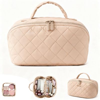 2026 New Travel Makeup Bag,Festivalment Wide Open Lay-Flat Water-Resistant Cosmetic Case,Puffy Padded Organizer for Toiletries & Brushes Large Capacity with Compartments (Khaki)