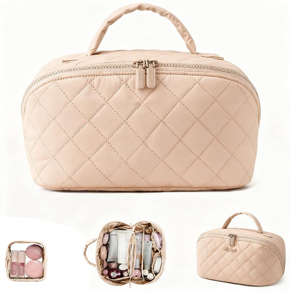 2026 New Travel Makeup Bag,Festivalment Wide Open Lay-Flat Water-Resistant Cosmetic Case,Puffy Padded Organizer for Toiletries & Brushes Large Capacity with Compartments (Khaki)